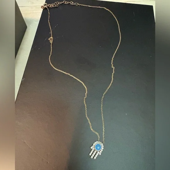 Gold Necklace with Blue Hamsa Pendant - Picture 2 of 5